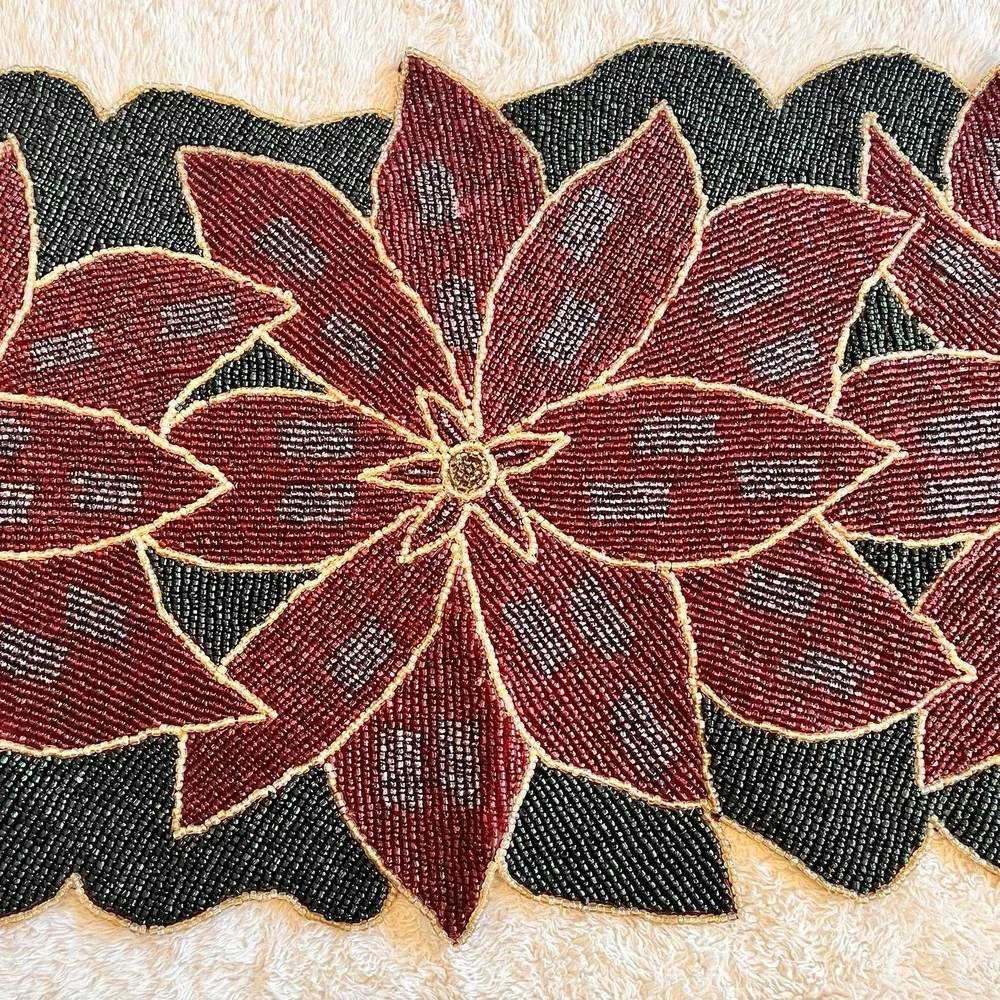 Christmas Hand Beaded Poinsettia Table Runner Red Green Floral Holiday 36x13